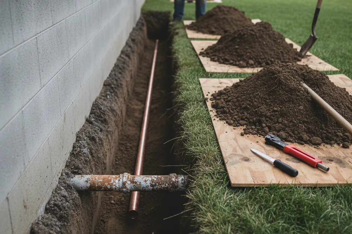 Excavated water line trench during Sewer Line Repair in Fort Lee